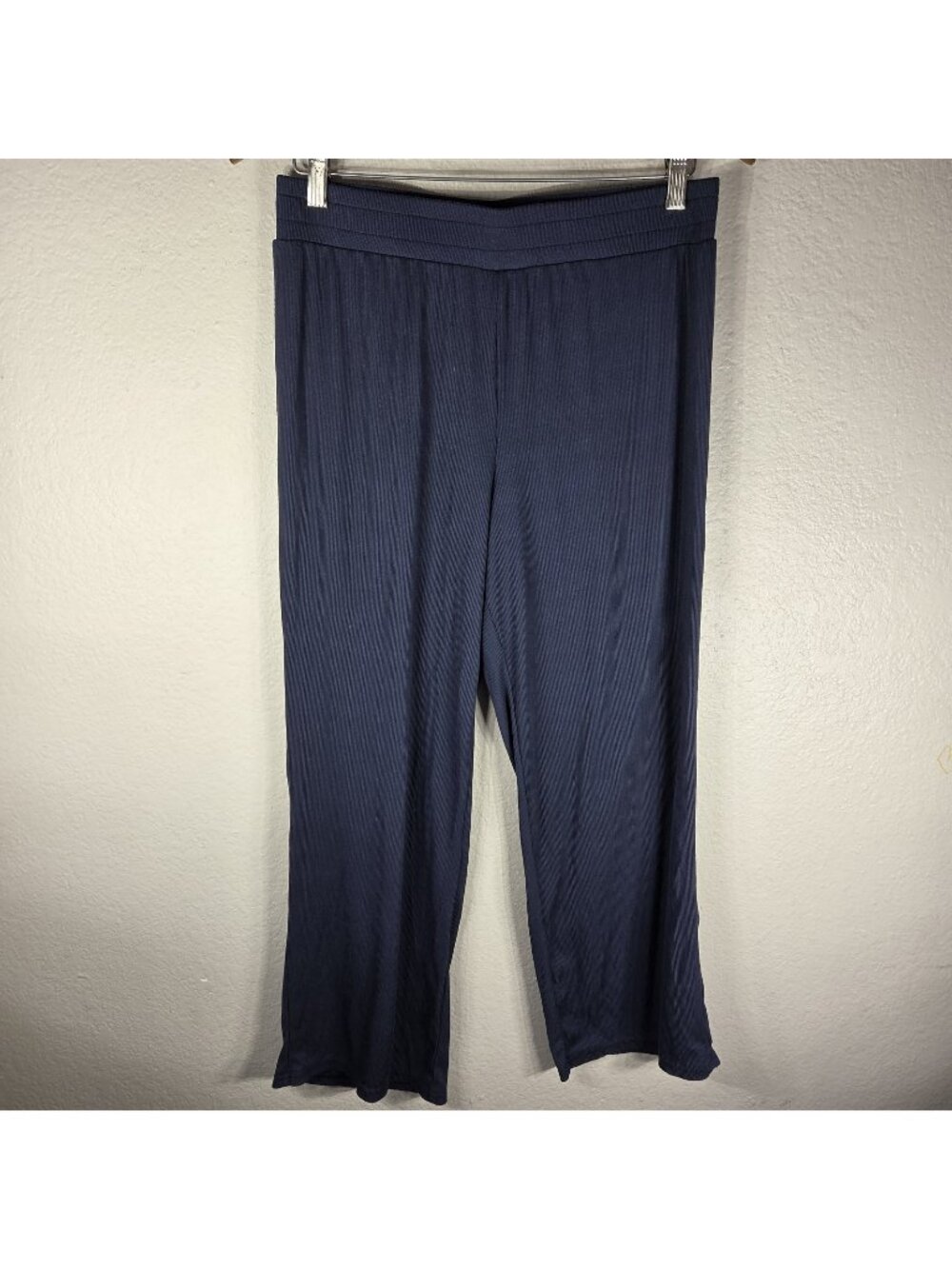 BCBG Lounge Pants Women Size L Navy Blue Ribbed Wide Leg Elastic Waist